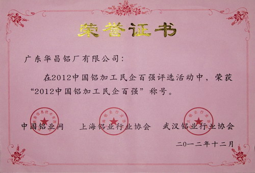 我公司荣获2012年中国铝加工民企百强称呼-伟昌铝材