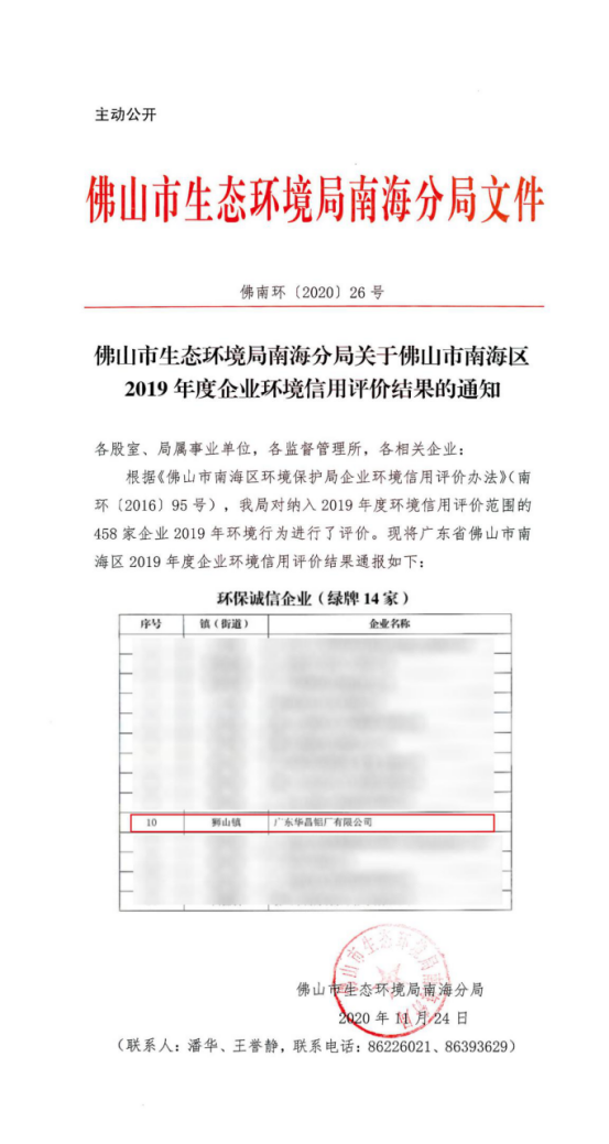 喜报！9393体育铝业荣获2019年度环保诚信企业（“绿牌”）称呼